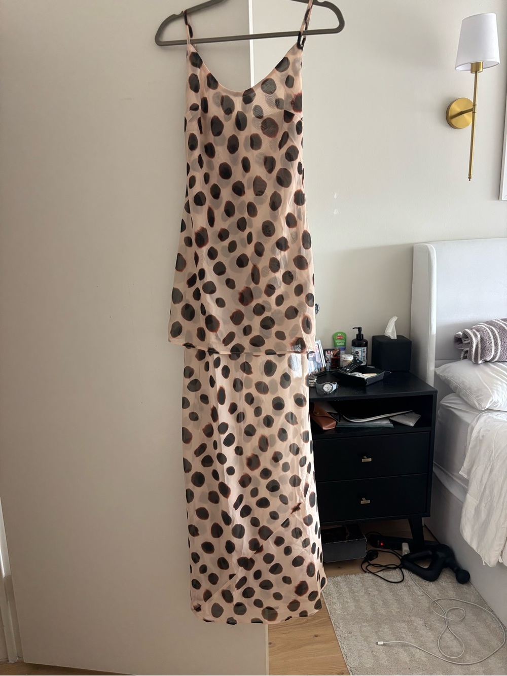 Polka Dot Tie-Waist Maxi Dress - Beige and Black